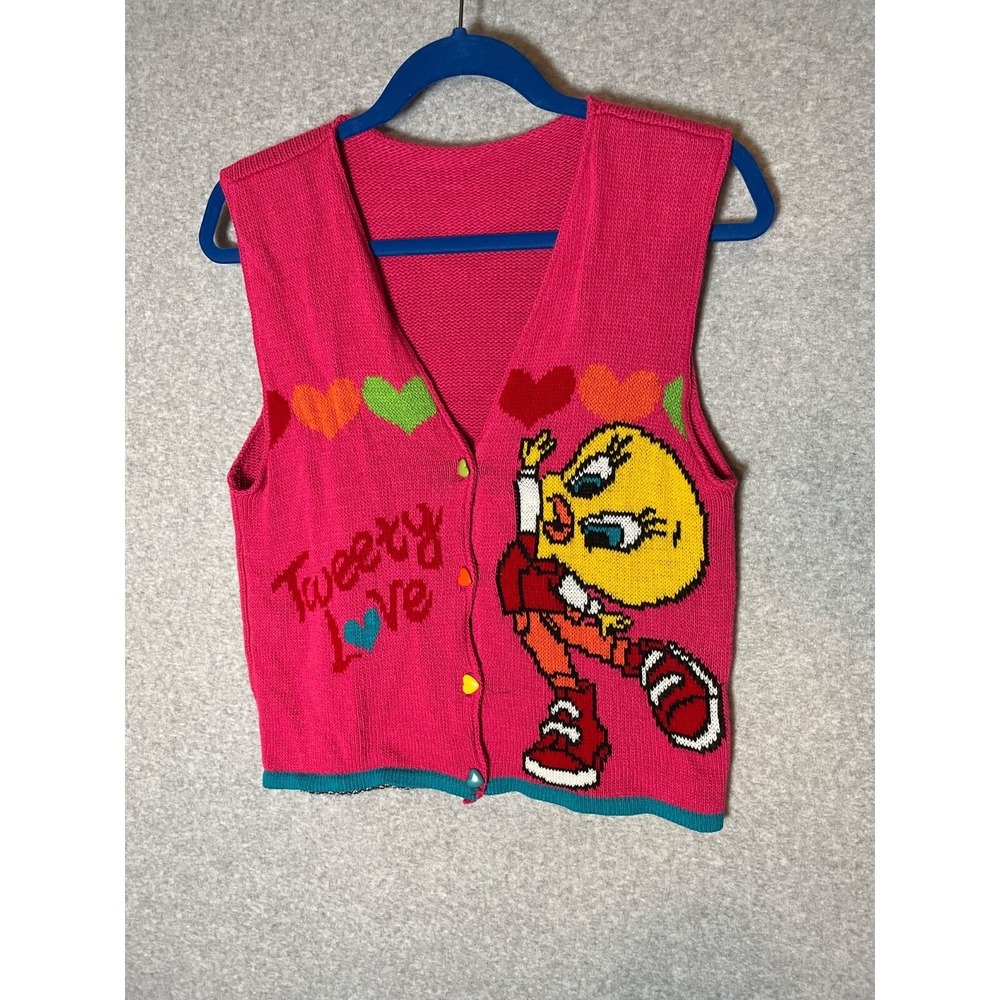 Looney Toons Tweety Bird‎ Knitted Vest Pink Heart Buttons Size Small Love 90s